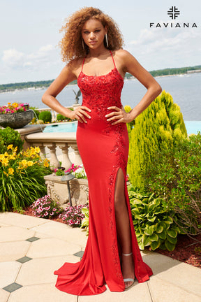 Strappy Back Sequin Applique Mermaid Gown