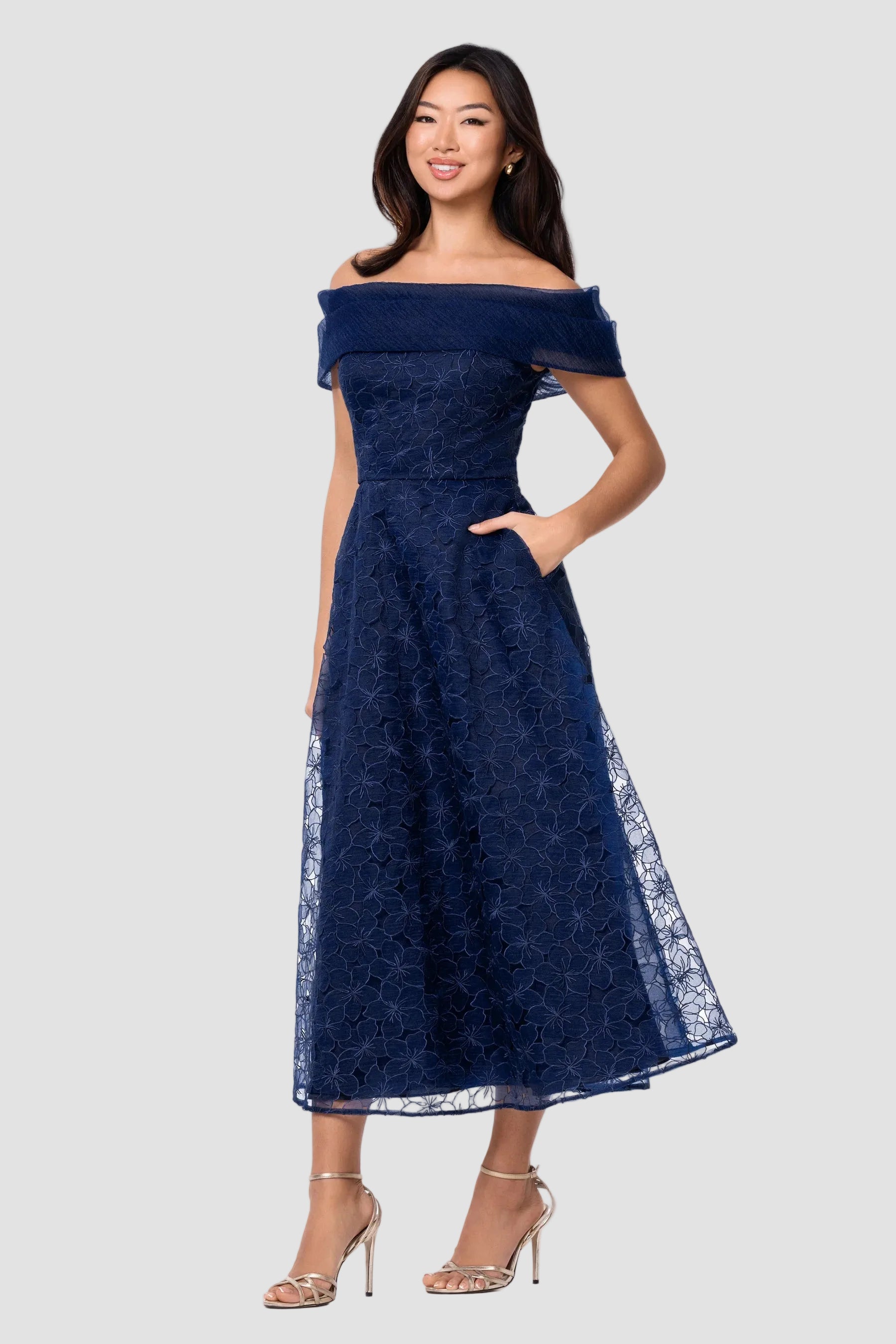 Tiana Embellished Gauze Off Shoulder Midi Dress