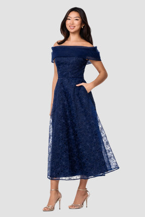 Tiana Embellished Gauze Off Shoulder Midi Dress