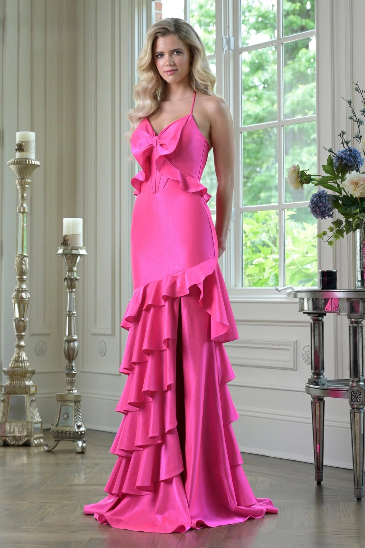 Tiered Ruffle Bow Accent Gown
