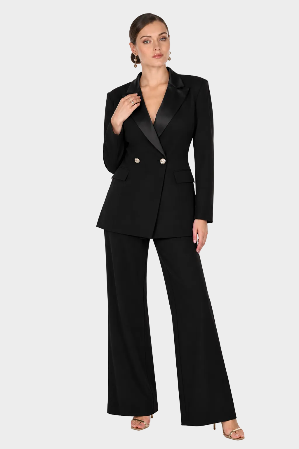 Tuxedo V-Back Pantsuit with Statement Bow