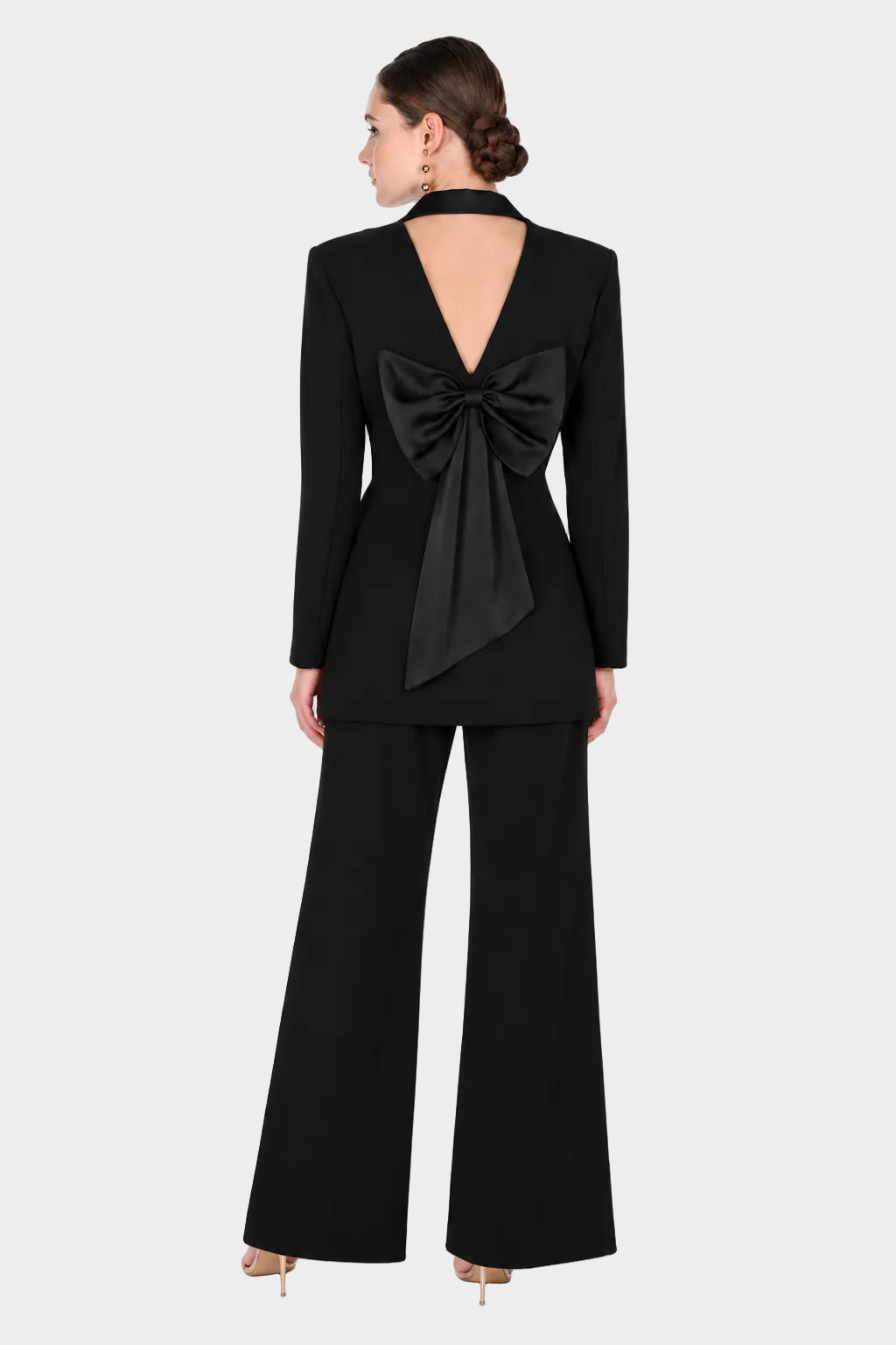 Tuxedo V-Back Pantsuit with Statement Bow