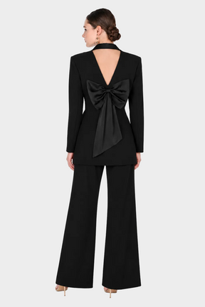 Tuxedo V-Back Pantsuit with Statement Bow