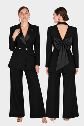 Tuxedo V-Back Pantsuit with Statement Bow