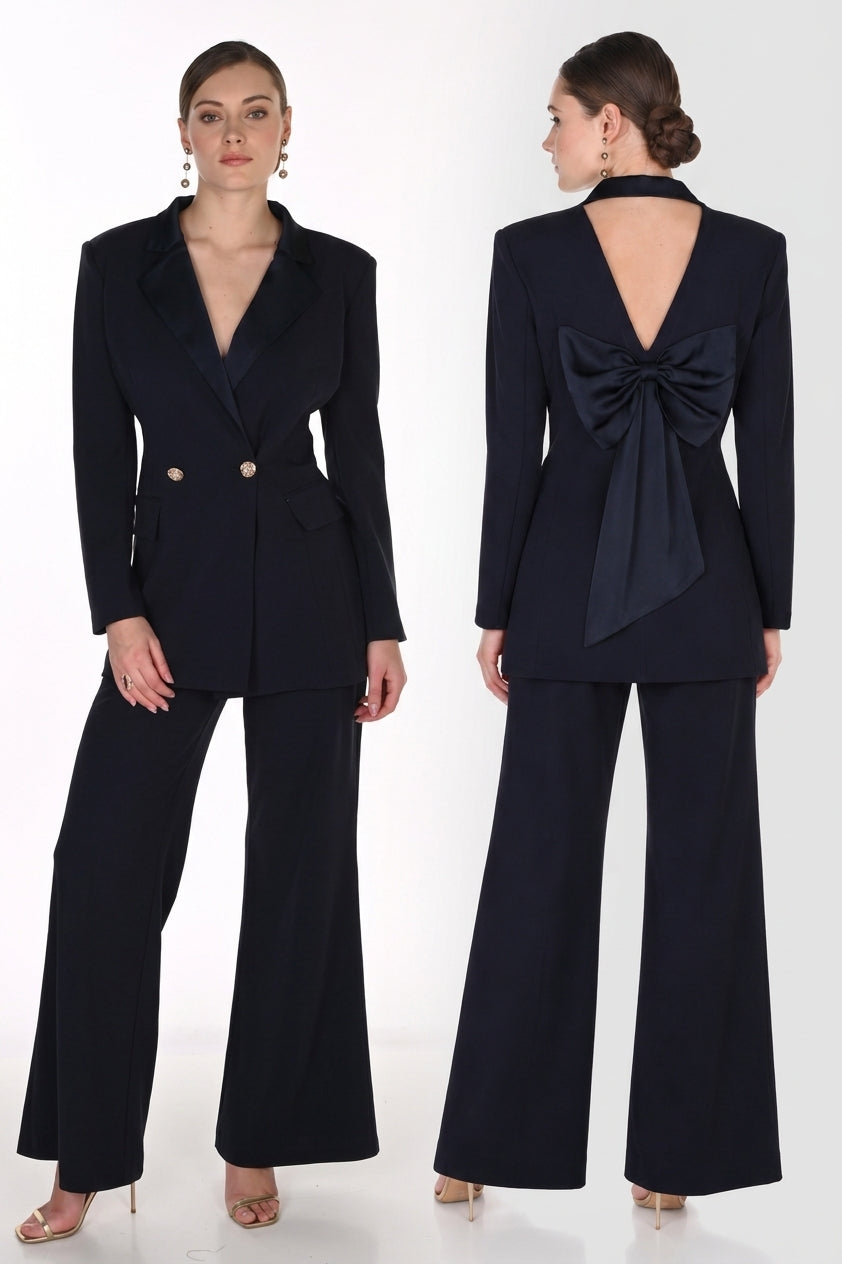 Tuxedo V-Back Pantsuit with Statement Bow