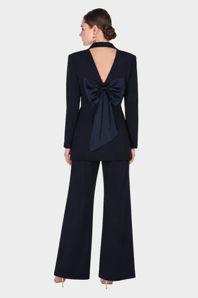 Tuxedo V-Back Pantsuit with Statement Bow