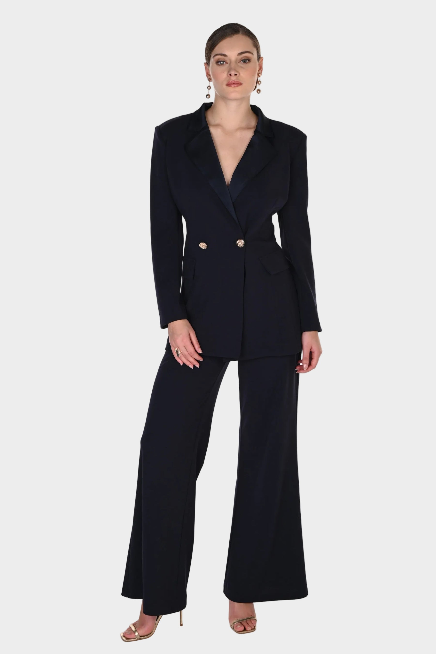 Tuxedo V-Back Pantsuit with Statement Bow