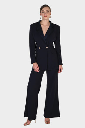 Tuxedo V-Back Pantsuit with Statement Bow