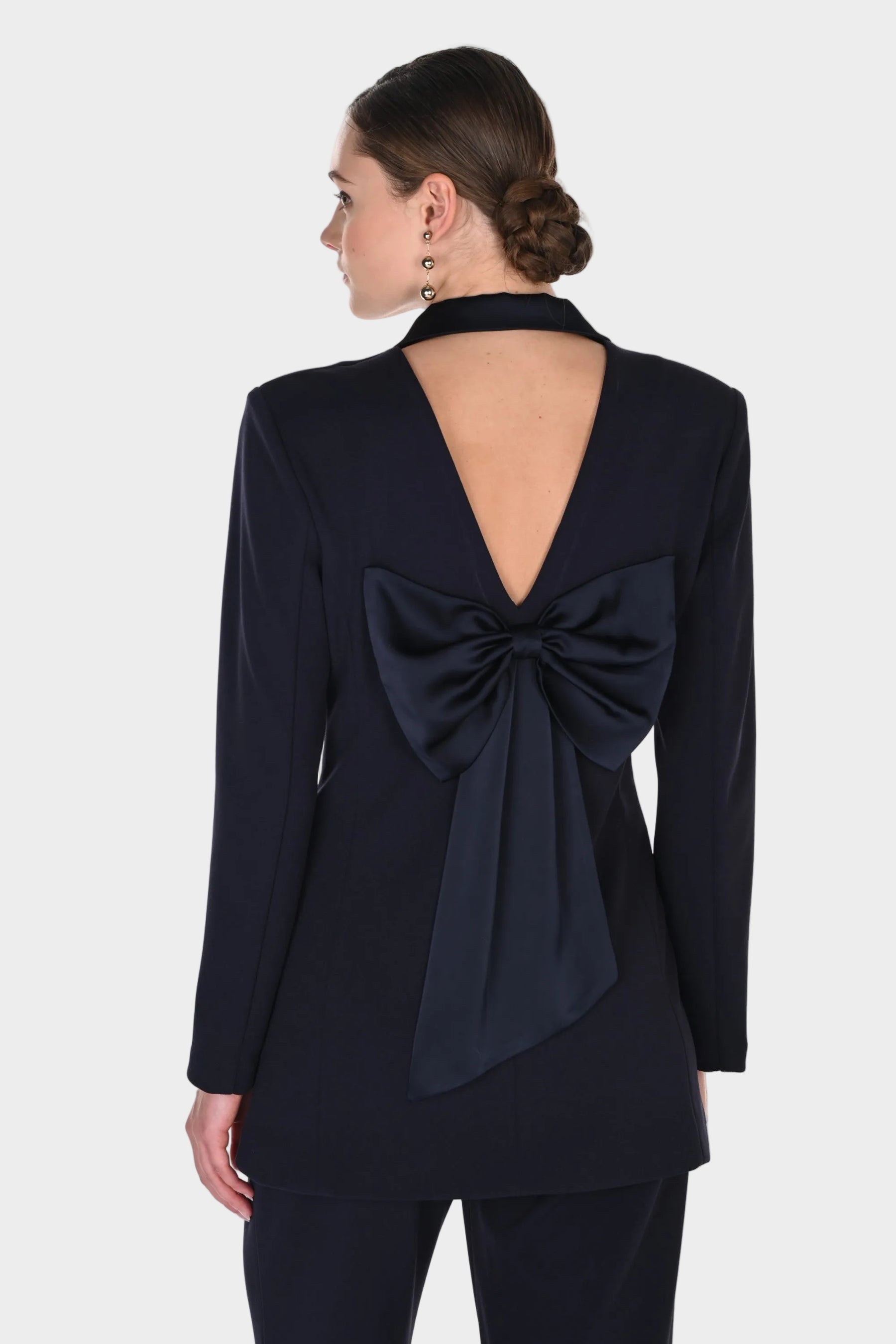 Tuxedo V-Back Pantsuit with Statement Bow