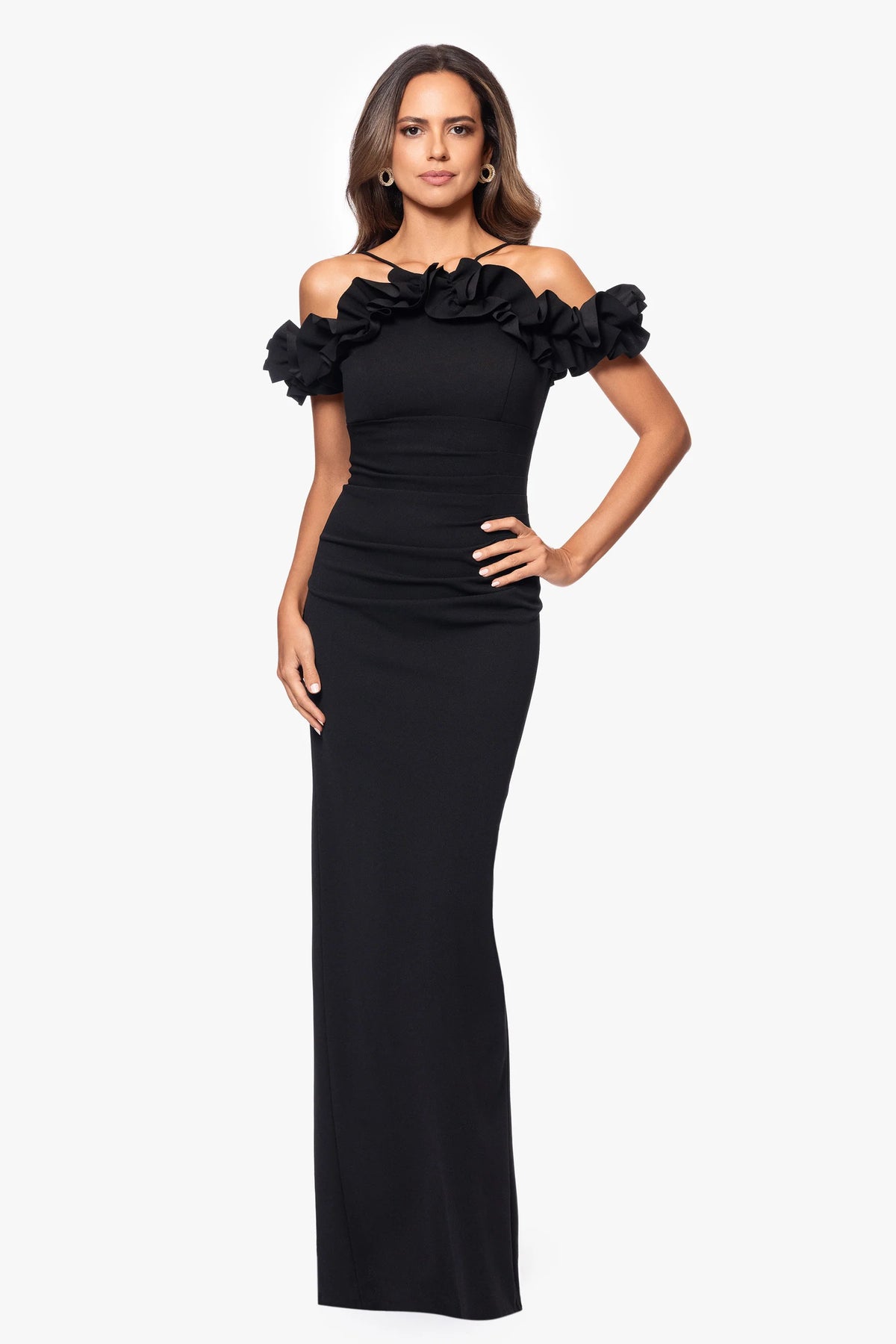Tyla Ruffle Off Shoulder Crepe Gown