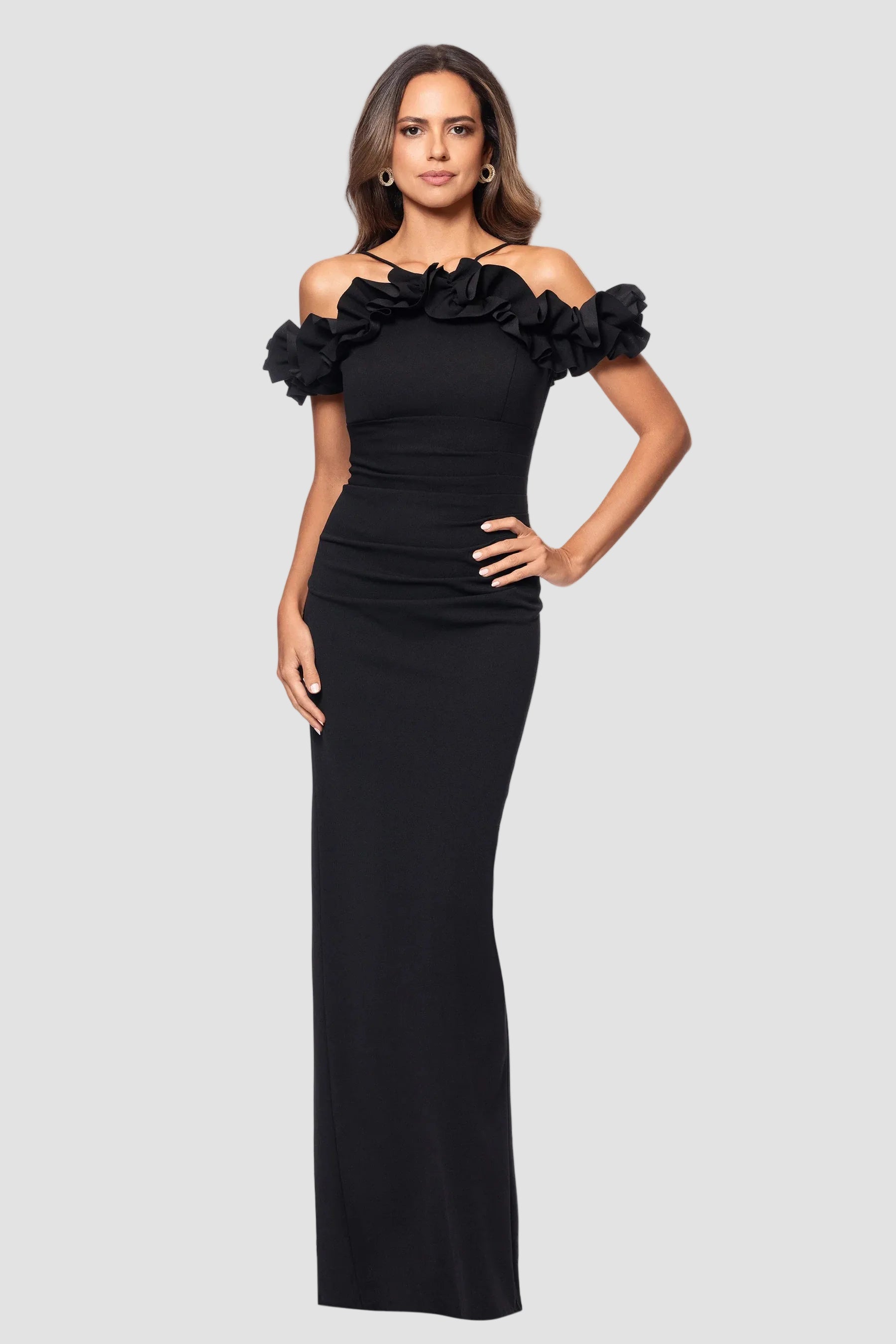 Tyla Ruffle Off Shoulder Crepe Gown