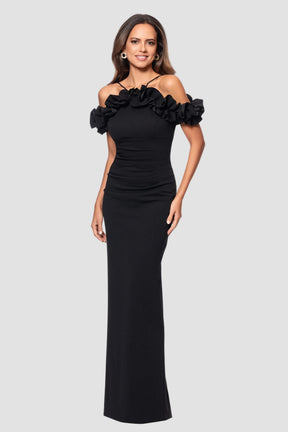 Tyla Ruffle Off Shoulder Crepe Gown