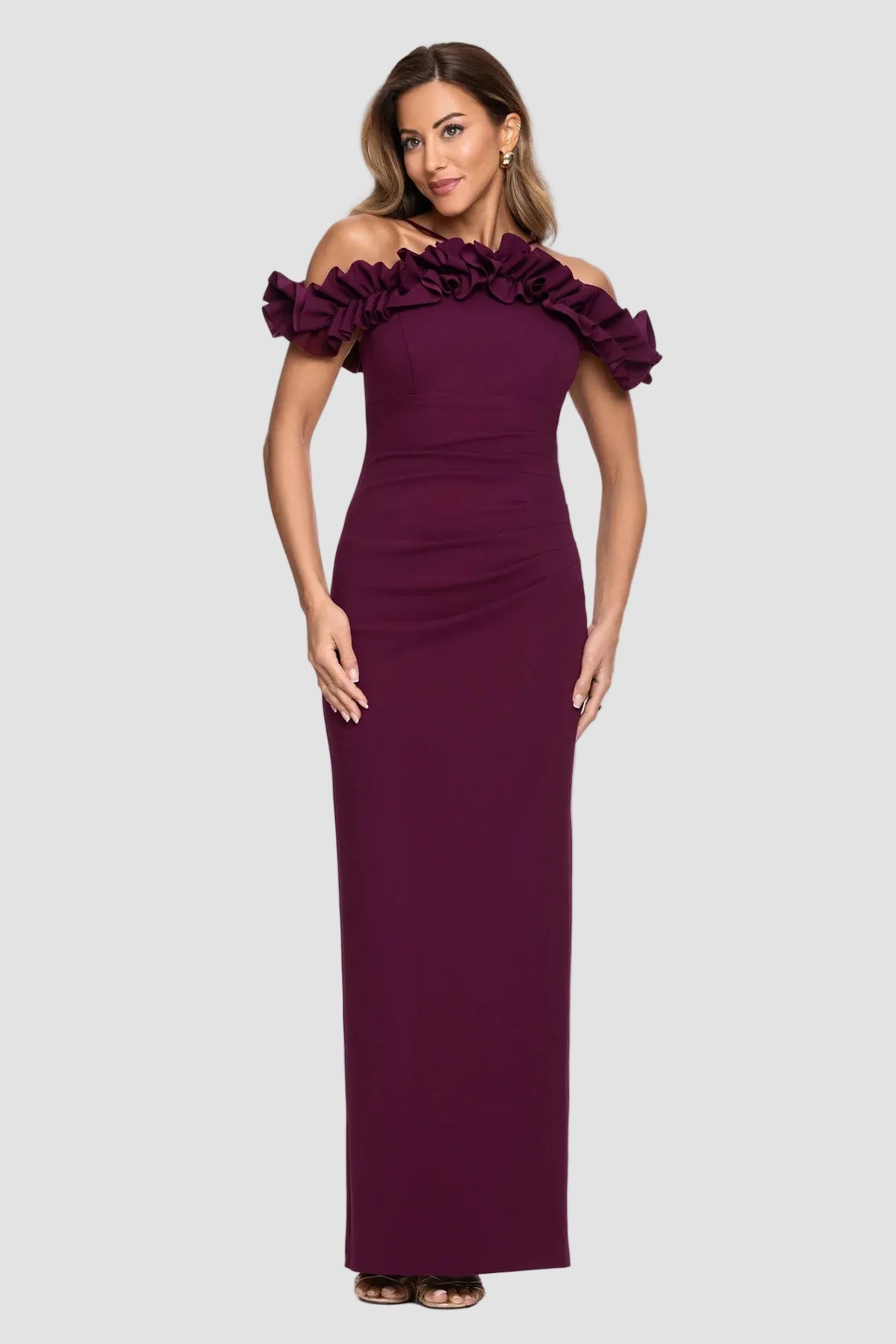 Tyla Ruffle Off Shoulder Crepe Gown