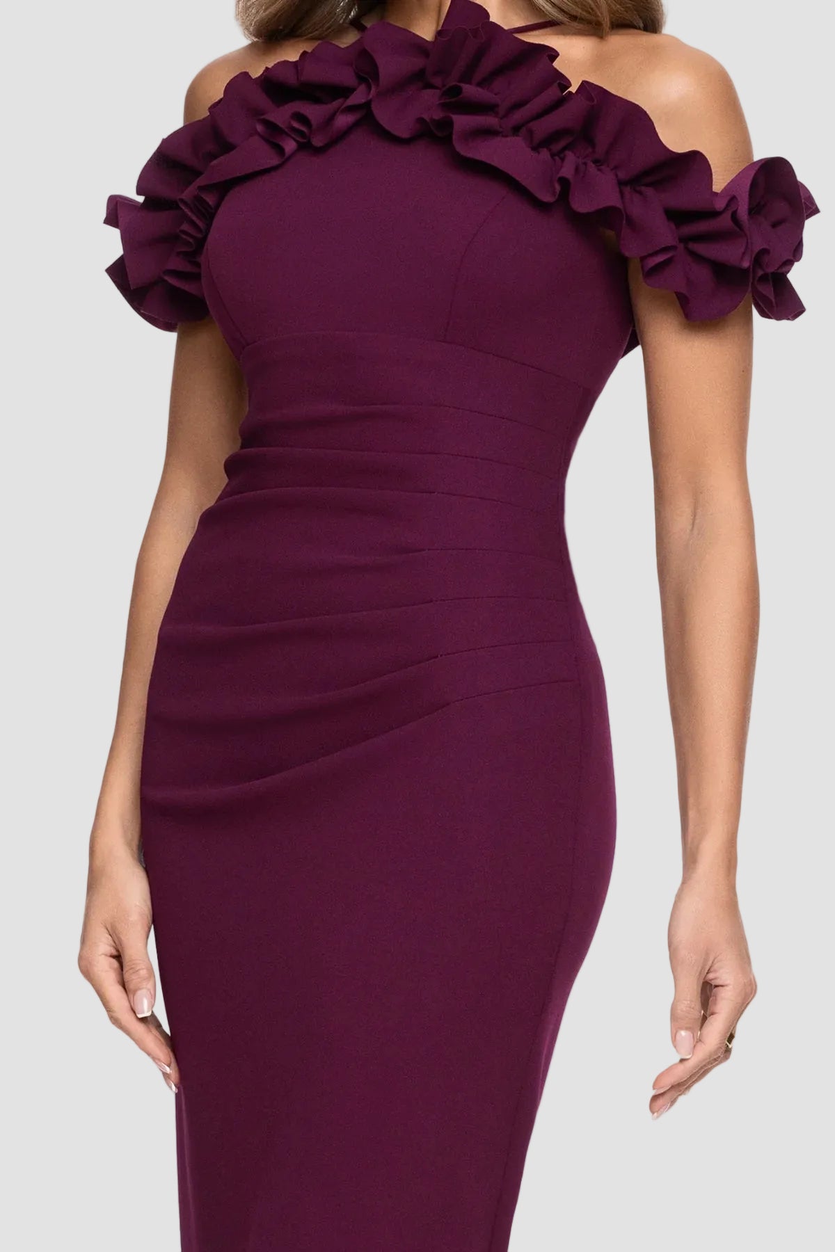 Tyla Ruffle Off Shoulder Crepe Gown