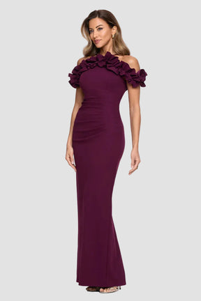 Tyla Ruffle Off Shoulder Crepe Gown