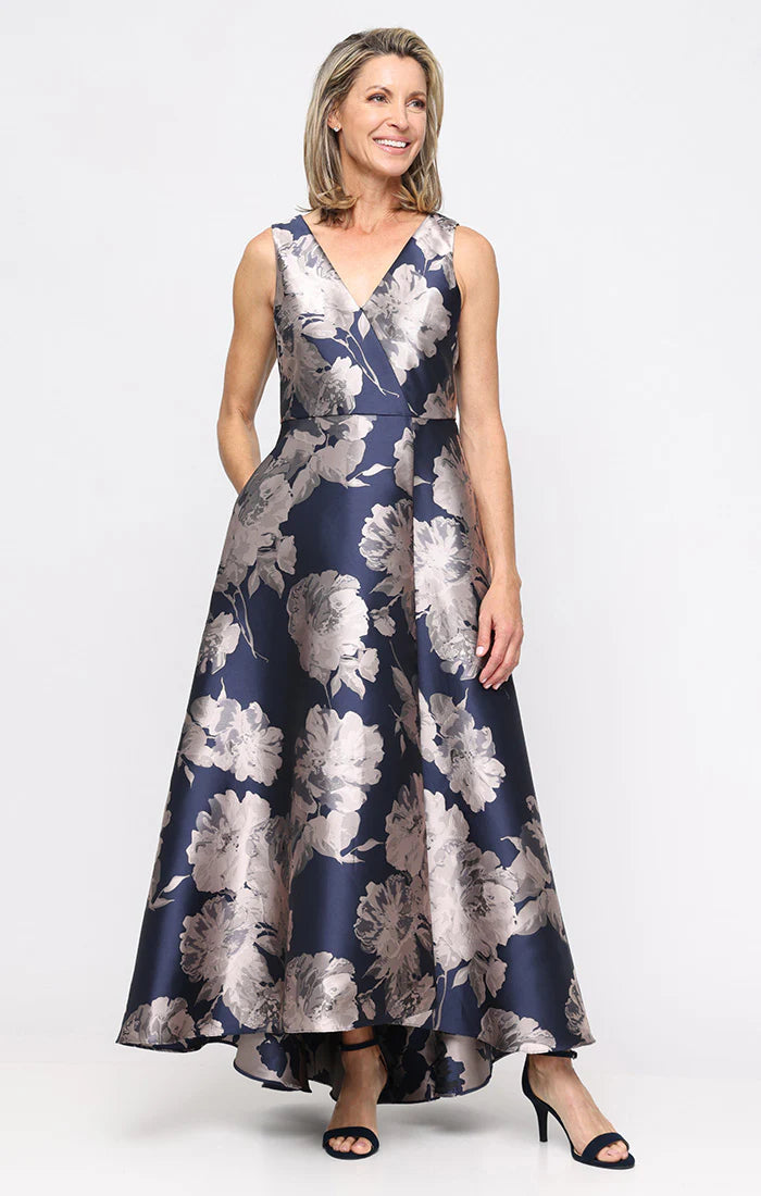 V-Neck Floral Jacquard A-Line Long Dress
