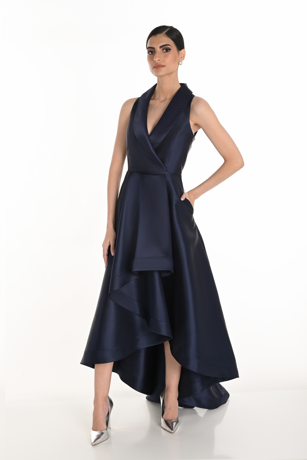 V-Neck Mikado High-Low Dress