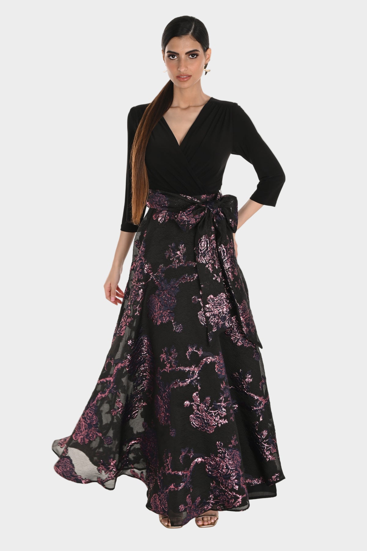 V-Neck Rose Metallic Jacquard Gown