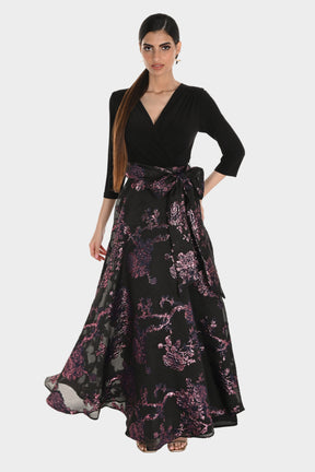 V-Neck Rose Metallic Jacquard Gown