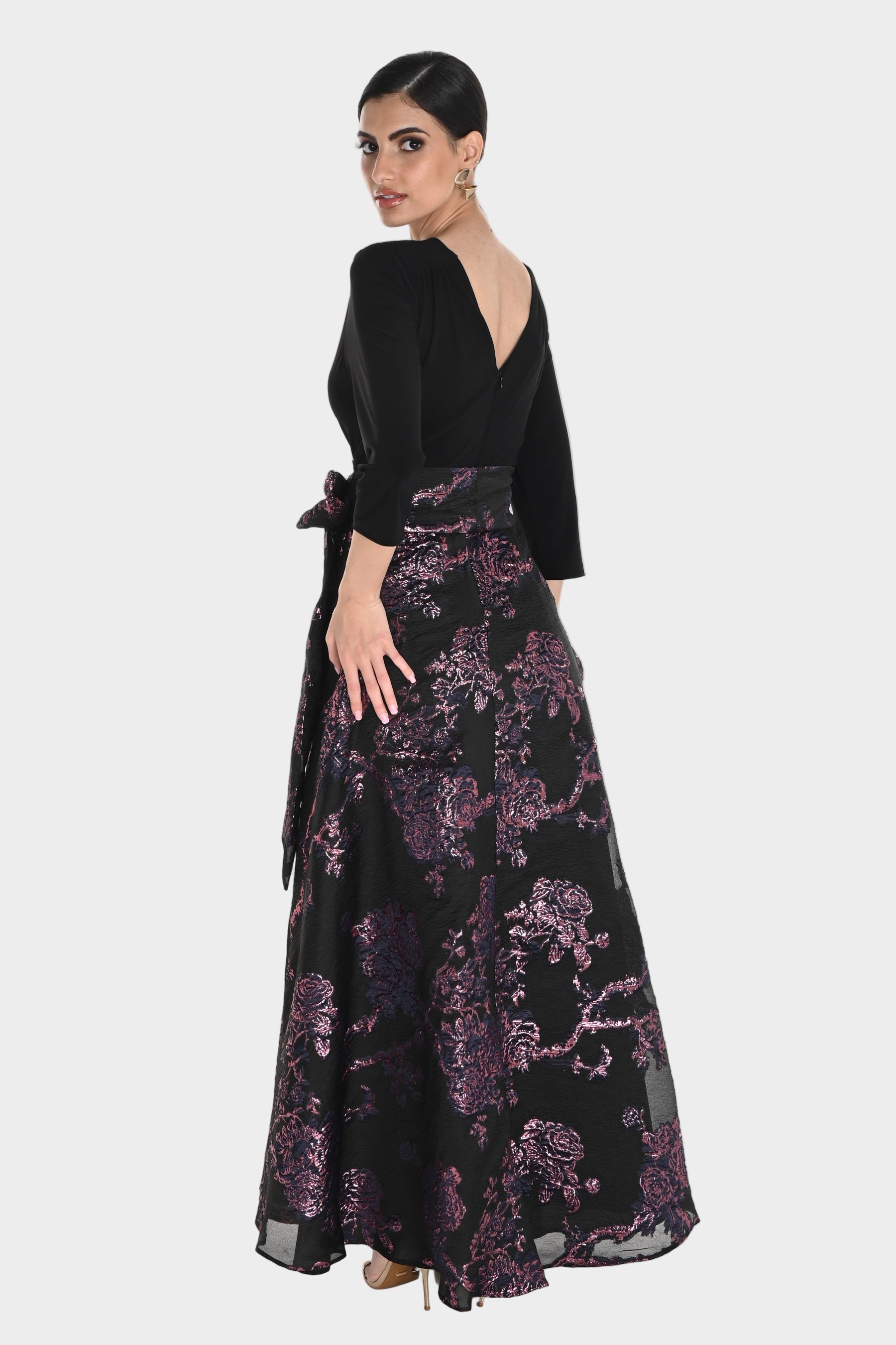 V-Neck Rose Metallic Jacquard Gown