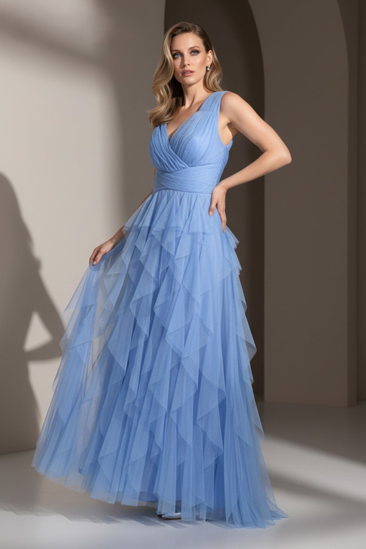 V-Neck Tulle Gown with Cascading Ruffles