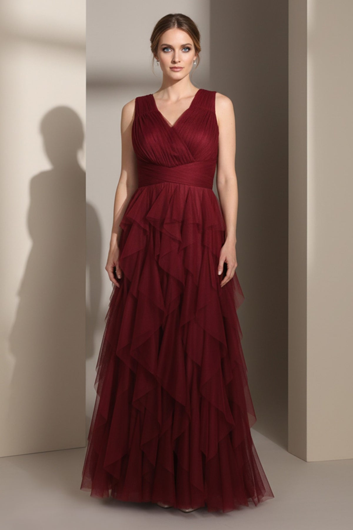 V-Neck Tulle Gown with Cascading Ruffles