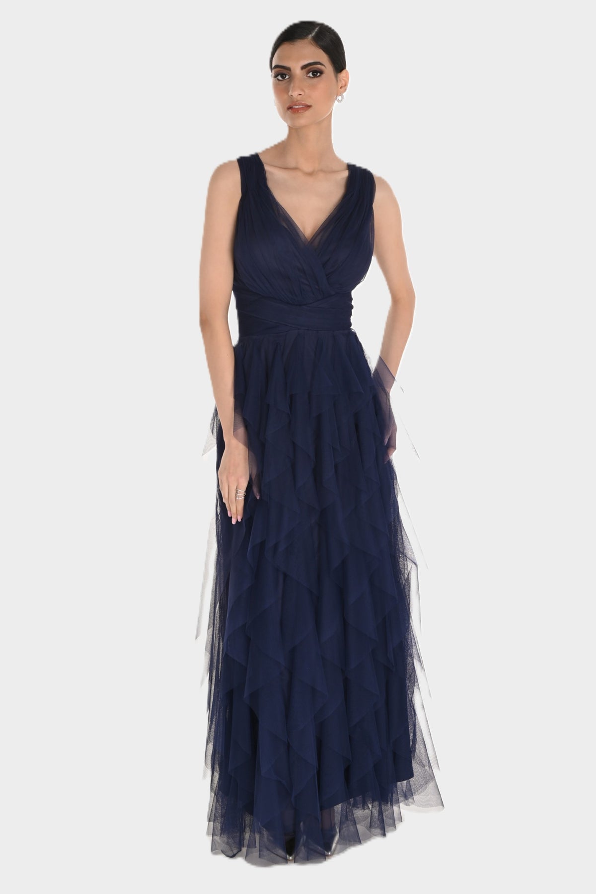 V-Neck Tulle Gown with Cascading Ruffles