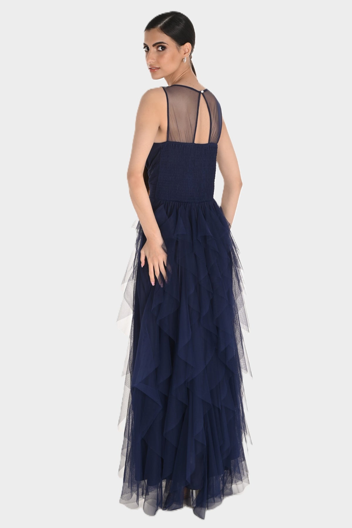 V-Neck Tulle Gown with Cascading Ruffles