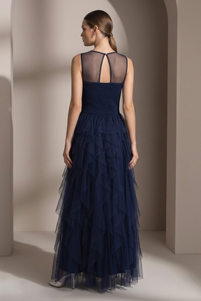 V-Neck Tulle Gown with Cascading Ruffles