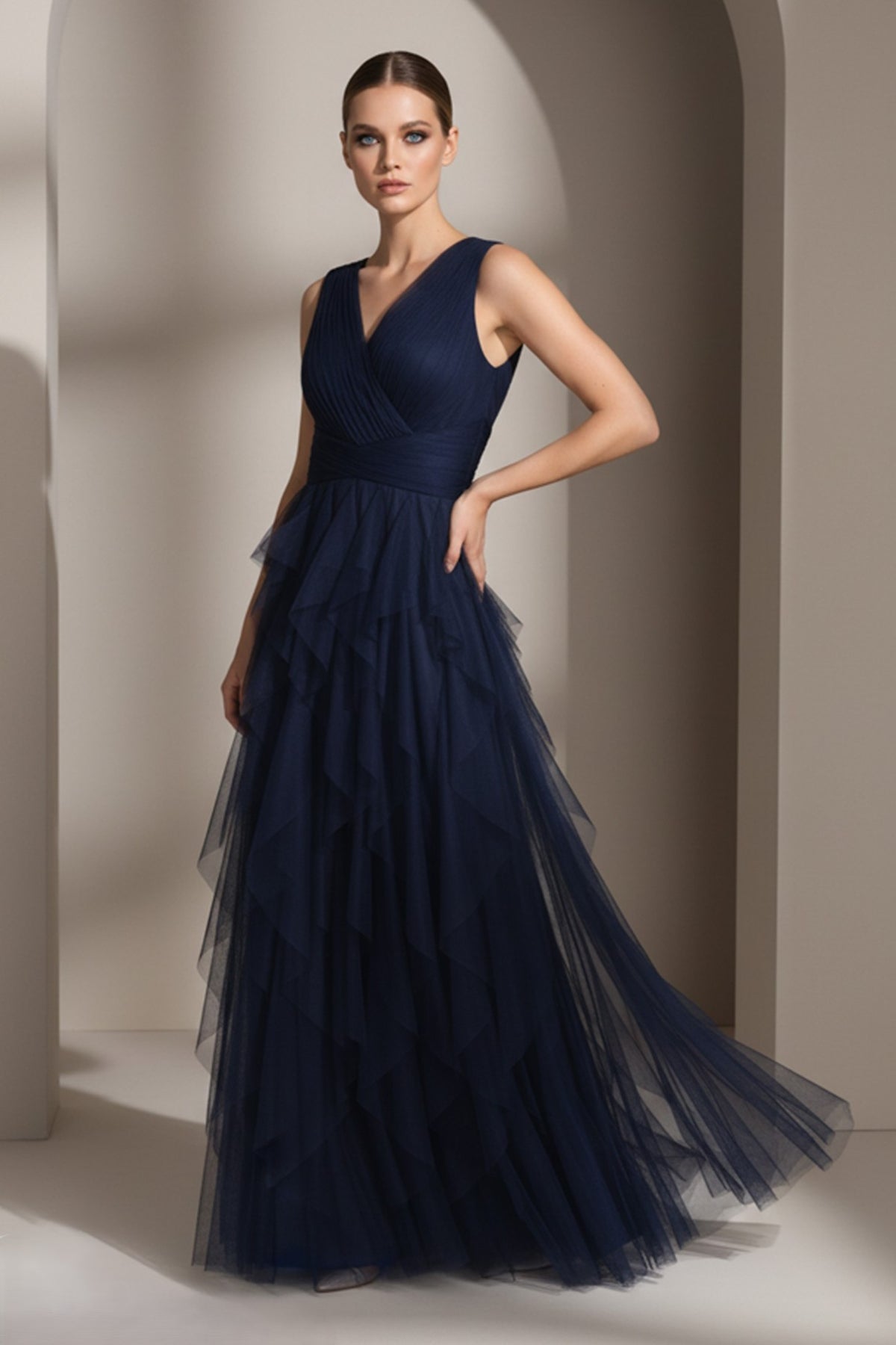 V-Neck Tulle Gown with Cascading Ruffles