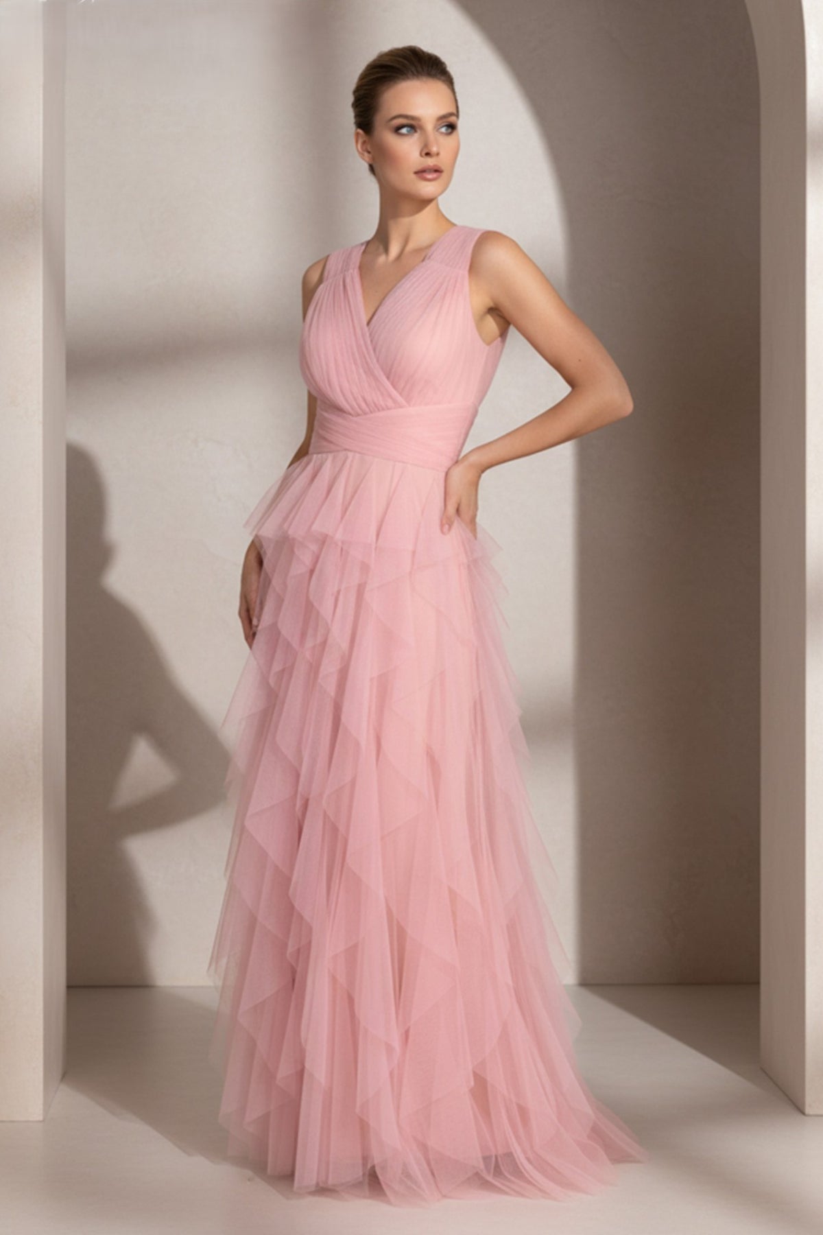 V-Neck Tulle Gown with Cascading Ruffles