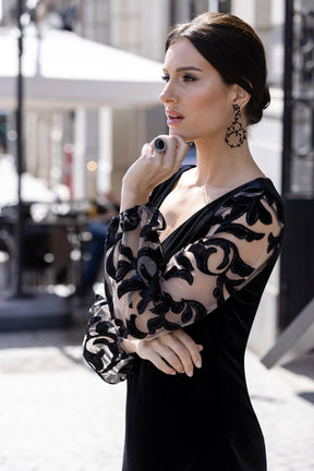 Velvet Dress with Embroidered Illusion Sleeves