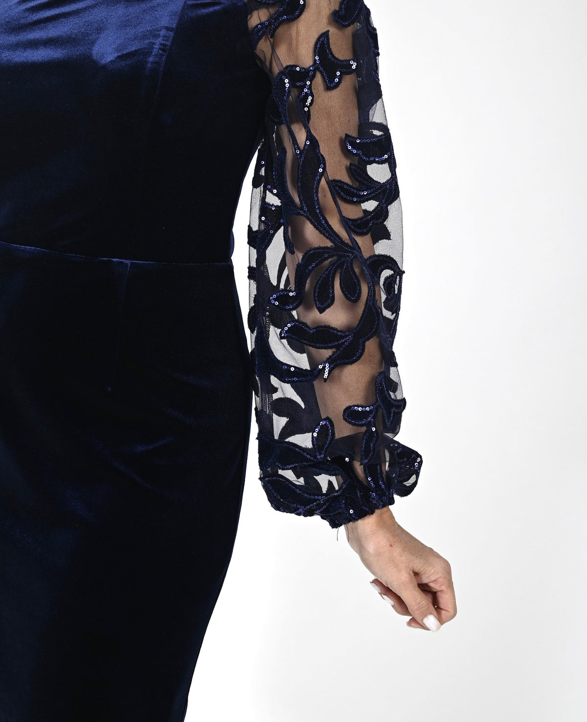 Velvet Dress with Embroidered Illusion Sleeves