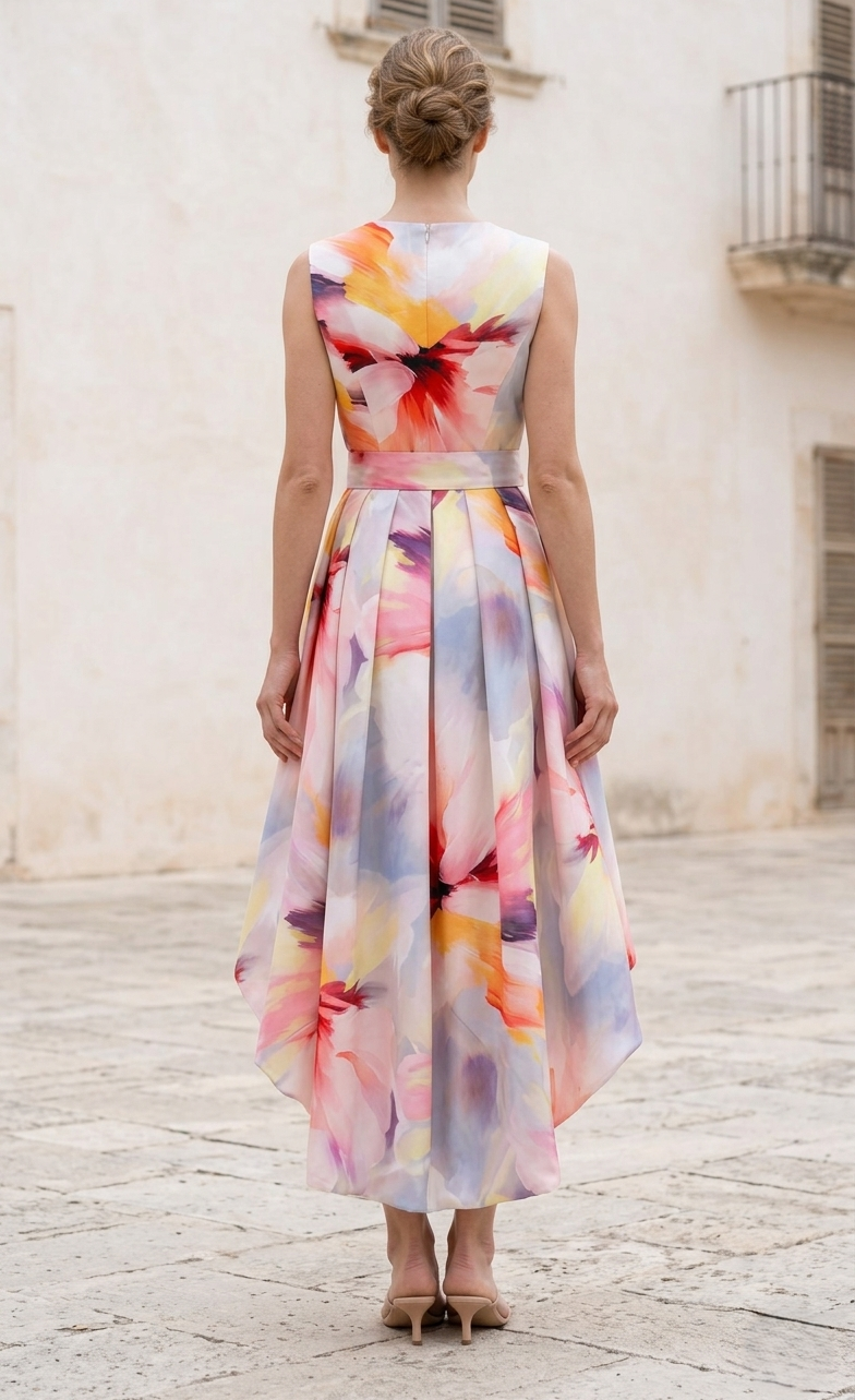 Watercolour Floral High-Low Long Bubble Dress