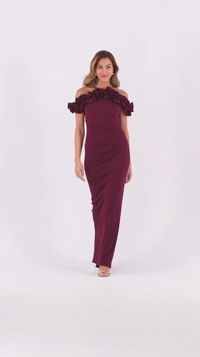 Tyla Ruffle Off Shoulder Crepe Gown