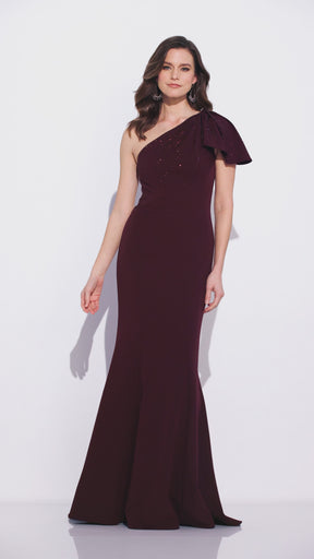 Stretch Crepe One Shoulder Gown With Stone Accent