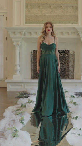 Draped Neck Stone Accent Corset Gown