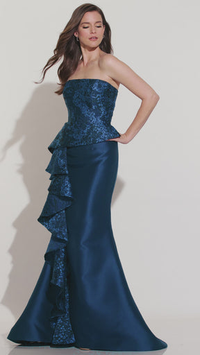 Abstract Brocade Cascading Ruffle Gown
