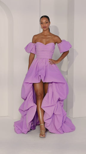 Hi-Low Crepe Taffeta Dress with Detachable Puff Sleeves