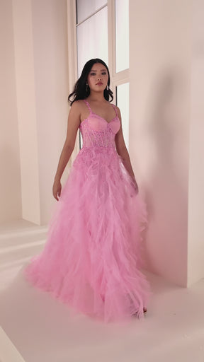 Corset Bodice Ball Gown with Cascading Glitter Tulle Ruffles