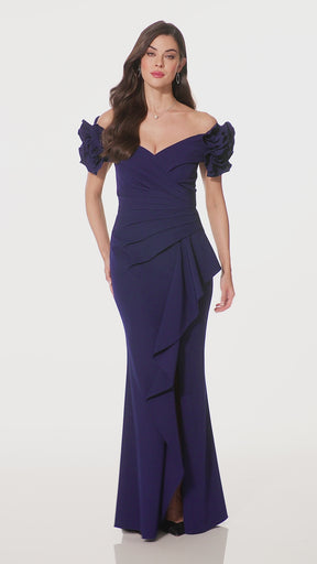 Off Shoulder Waterfall Ruffle Gown with 3D Flowers