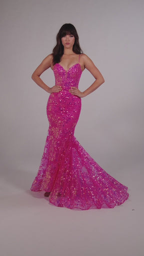 Sequin Illusion Lace-Up Back Trumpet Gown