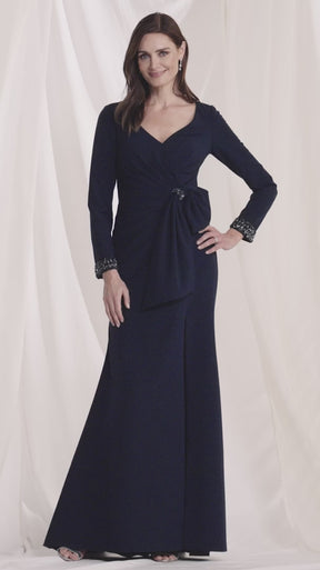 Long Sleeve Bow & Bead Accented Gown