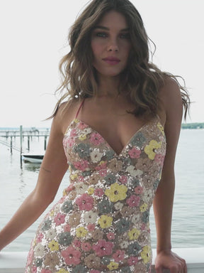 Floral Sequin Open Back Strappy Gown