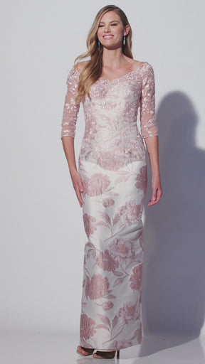 Brocade Column Gown with Illusion Sleeves