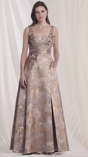 Square Neck Brocade Gown with Beaded Petals
