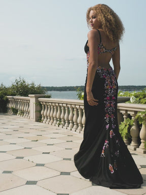 Sequin Floral Detail Mermaid Gown with Cut Outs