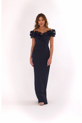 Anya Crepe and Chiffon Ruffled Off Shoulder Dress
