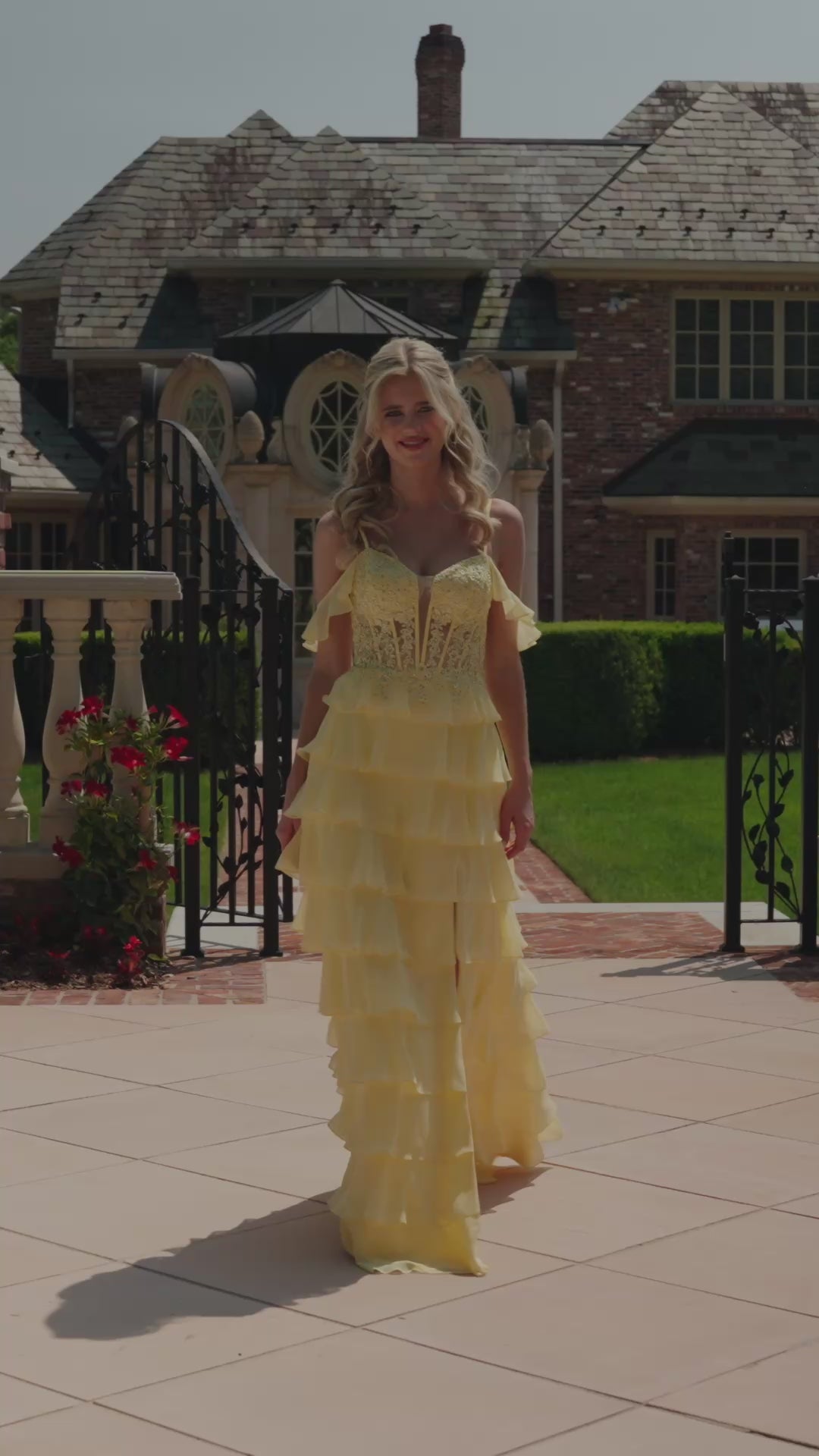 Lace Applique Chiffon Tiered Gown