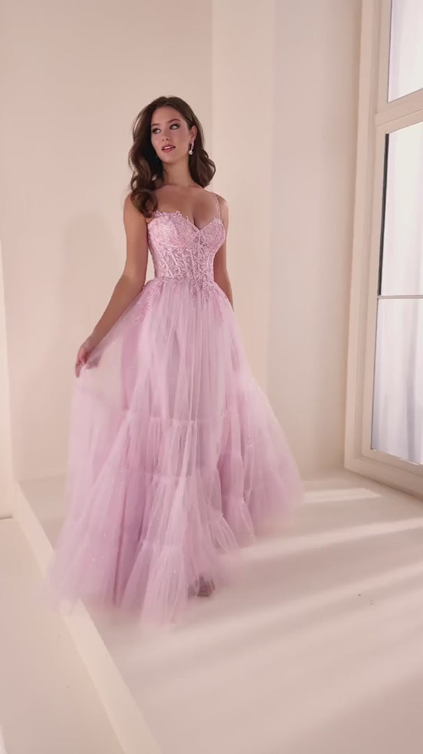 Embroidered Corset Tiered Shimmer Tulle Ballgown